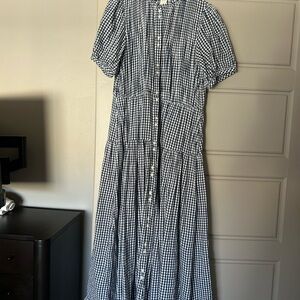 Gap x Doen navy gingham puff sleeve midi shirt dress